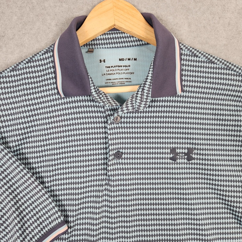 Under Armour Playoff Polo Shirt Medium Blue Geometric Golf Stretch Active